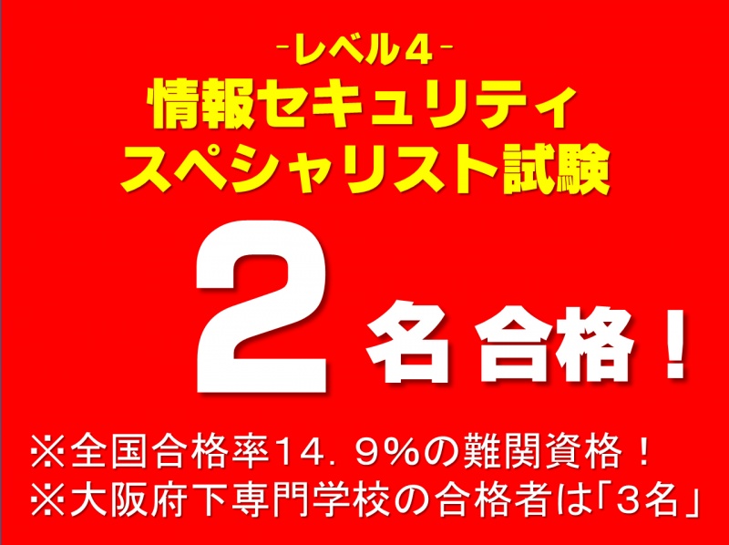 【祝】　情報セキュリティスペシャリスト試験に２名合格！全国合格率14.9%の難関資格＜レベル４＞！